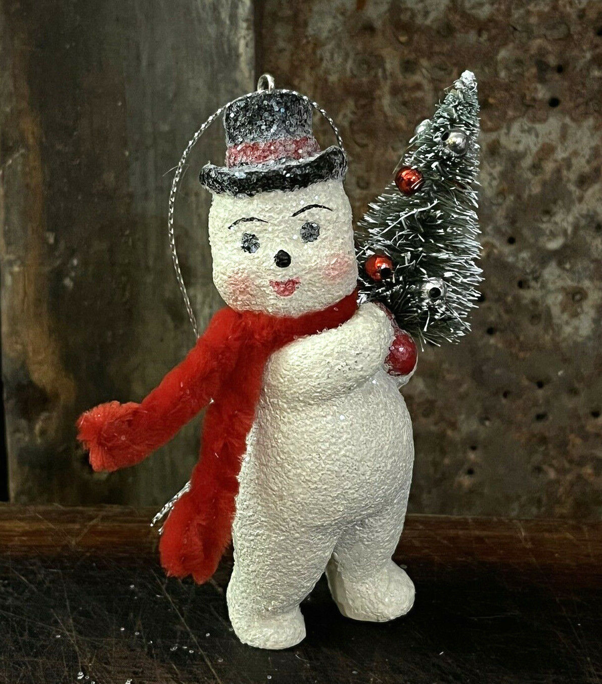 Paper Mache Frosty Snowman Vintage Style Mica Snow w Bottle Brush Tree Ornament
