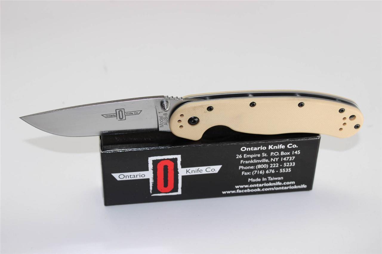 Ontario RAT-1 Folding Knife Plain AUS8 Steel Tan Nylon Handle 8848 DT