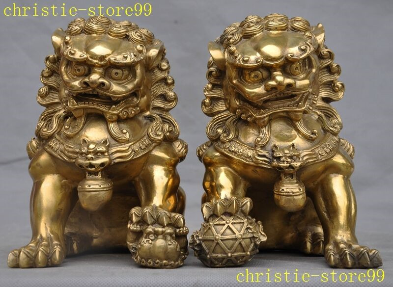 Chinese pure brass Capital Dynasty Guardian beast Door Lion Foo Dog Statue Pair