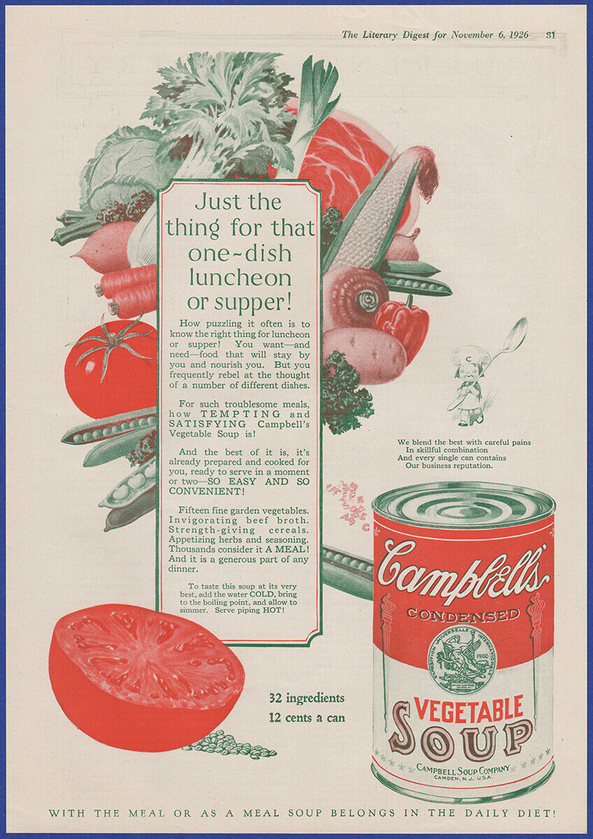 Vintage 1926 CAMPBELL\'S Vegetable Soup Food Kitchen Art Décor 20\'s Print Ad