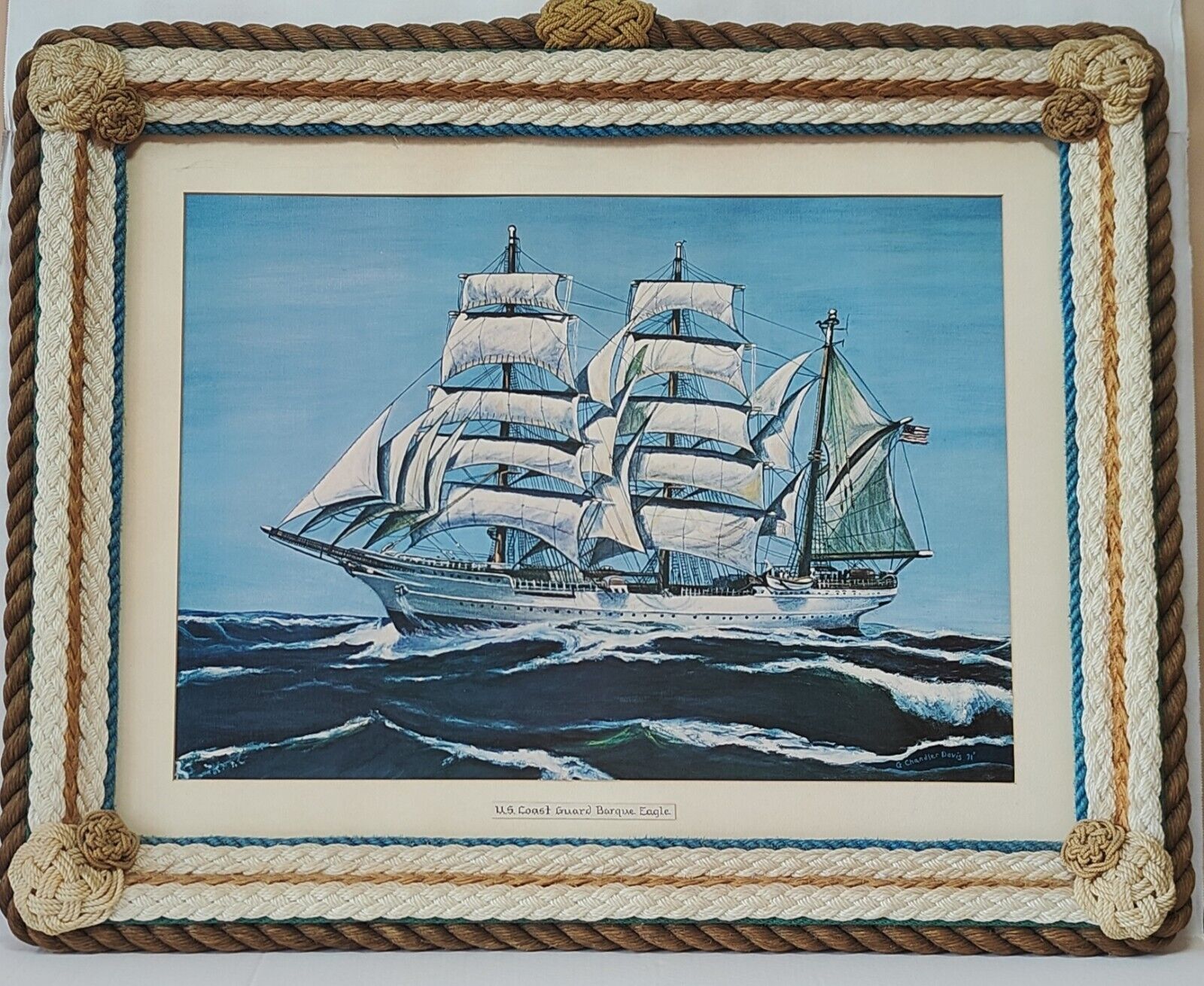 US Coast Guard Barque Eagle 1971 Painting Print In Real Ship Rope n Knot Frame