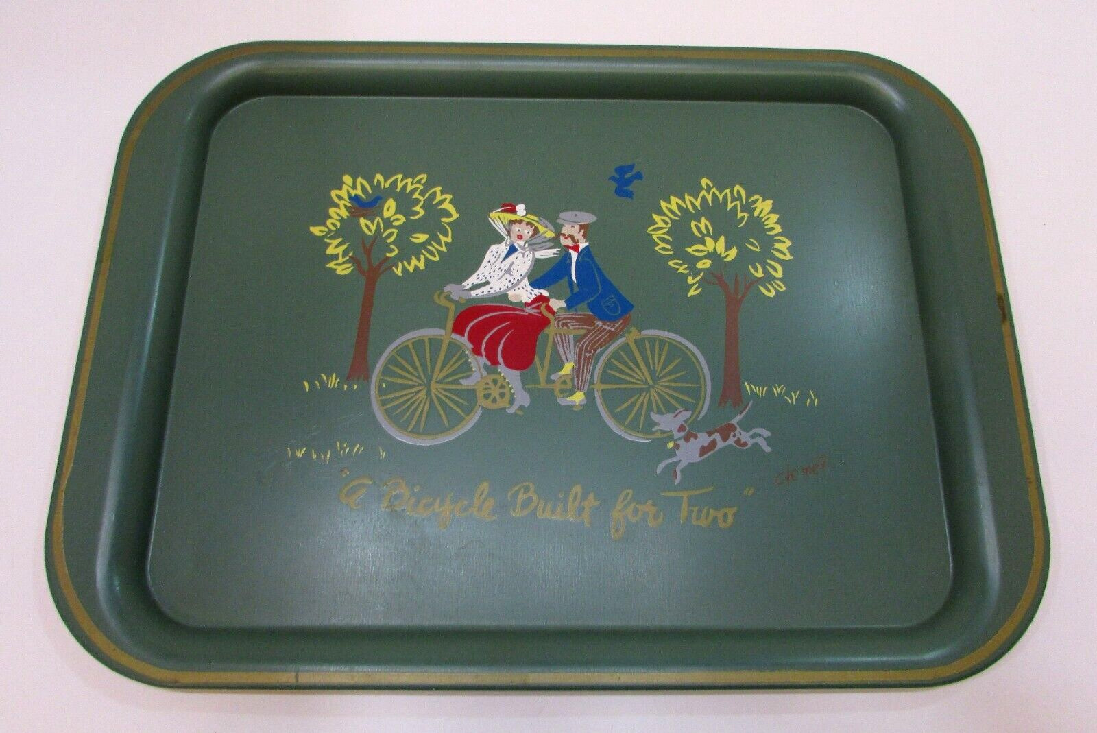 Vintage 1950s USA A Bicycle Built For Two Hand Painted 10x15 Nashco Serving Tray