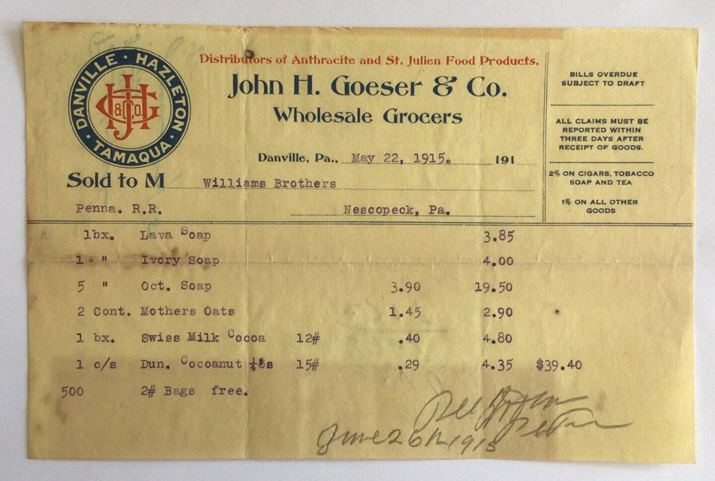 1915 Billhead Danville Pa John Goeser & Co Wholesale Grocers #b3f