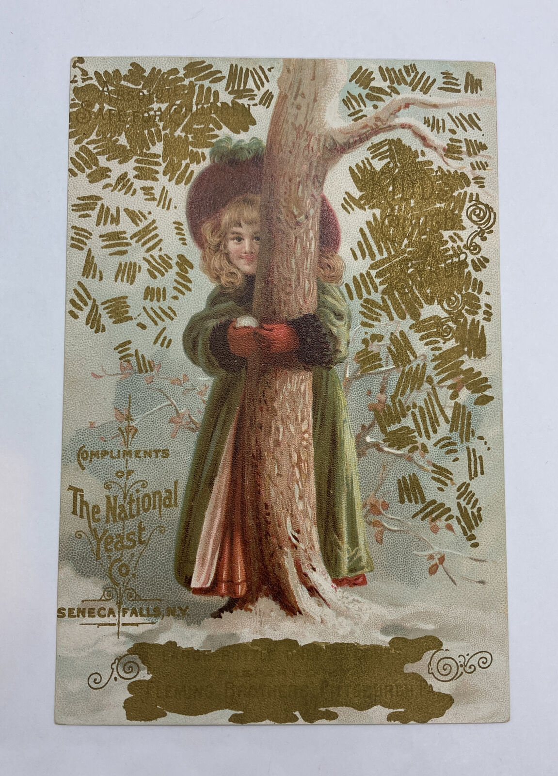 The National Yeast Co Seneca Falls Ny Trade Card Victorian Girl Hugging Tree