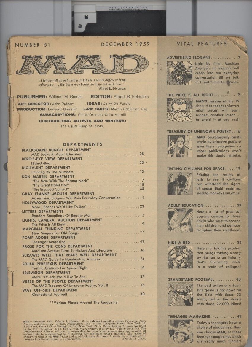 MAD Magazine #51 DECEMBER 1959 /missing cover /HILARIOUS /*RAREST*