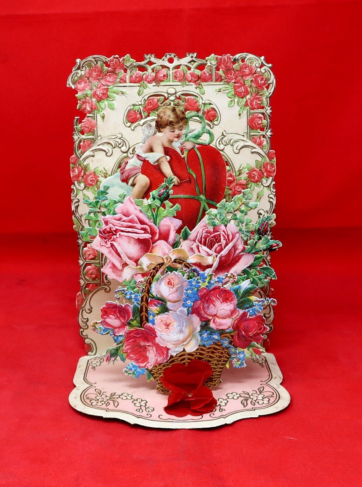 c1930s Valentine Fold-Out Greeting Card, Cherubs & Roses