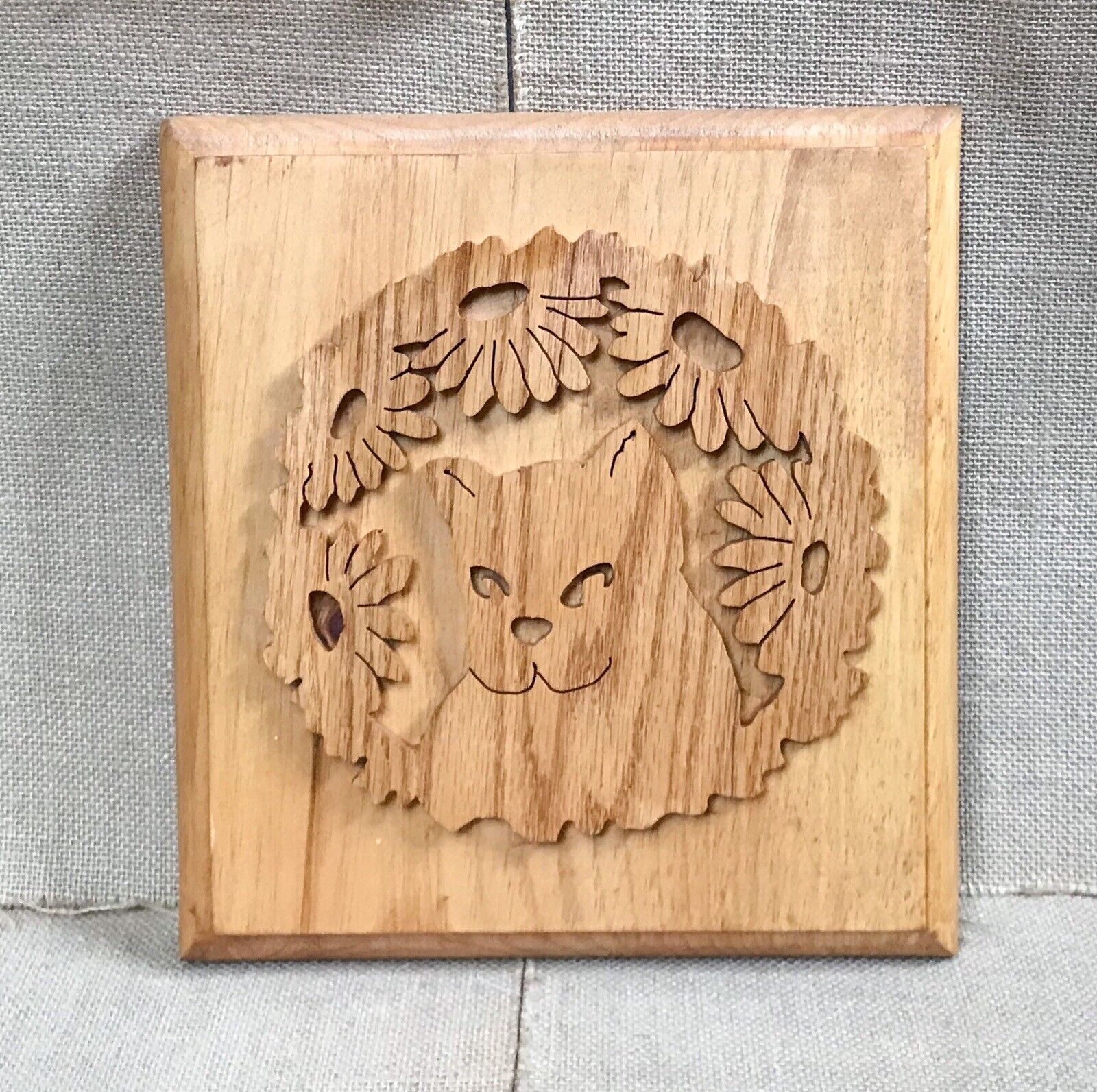 Vintage Applied Carved Wood Cat In Flowers Wall Art Picture Kitty Lover Rustic