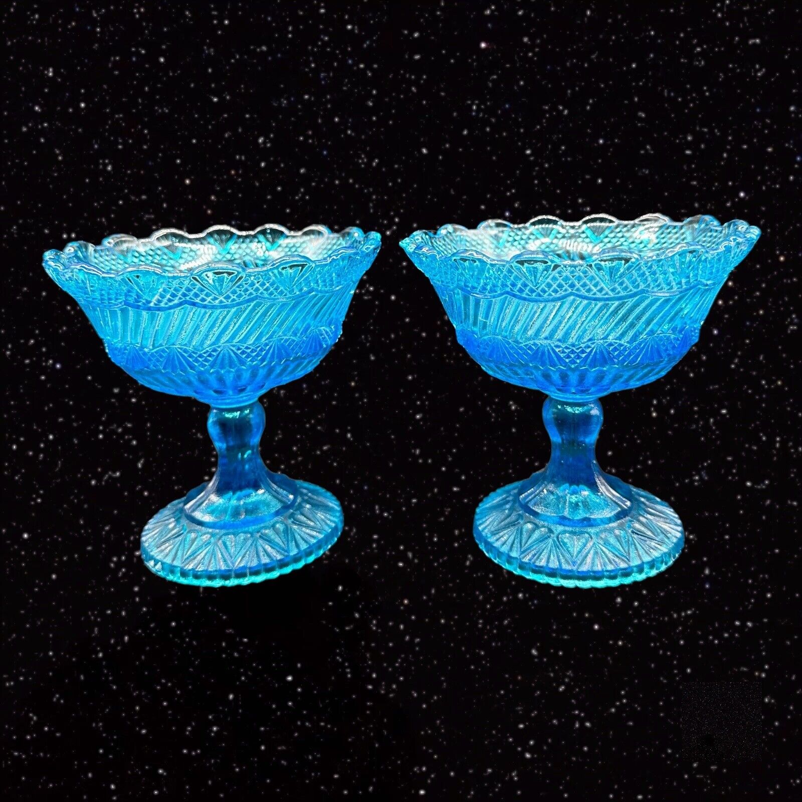 Vintage Blue Drinking Goblet Set 2 pcs Art Glass Compote Decorated 4.5”T 4.5”W