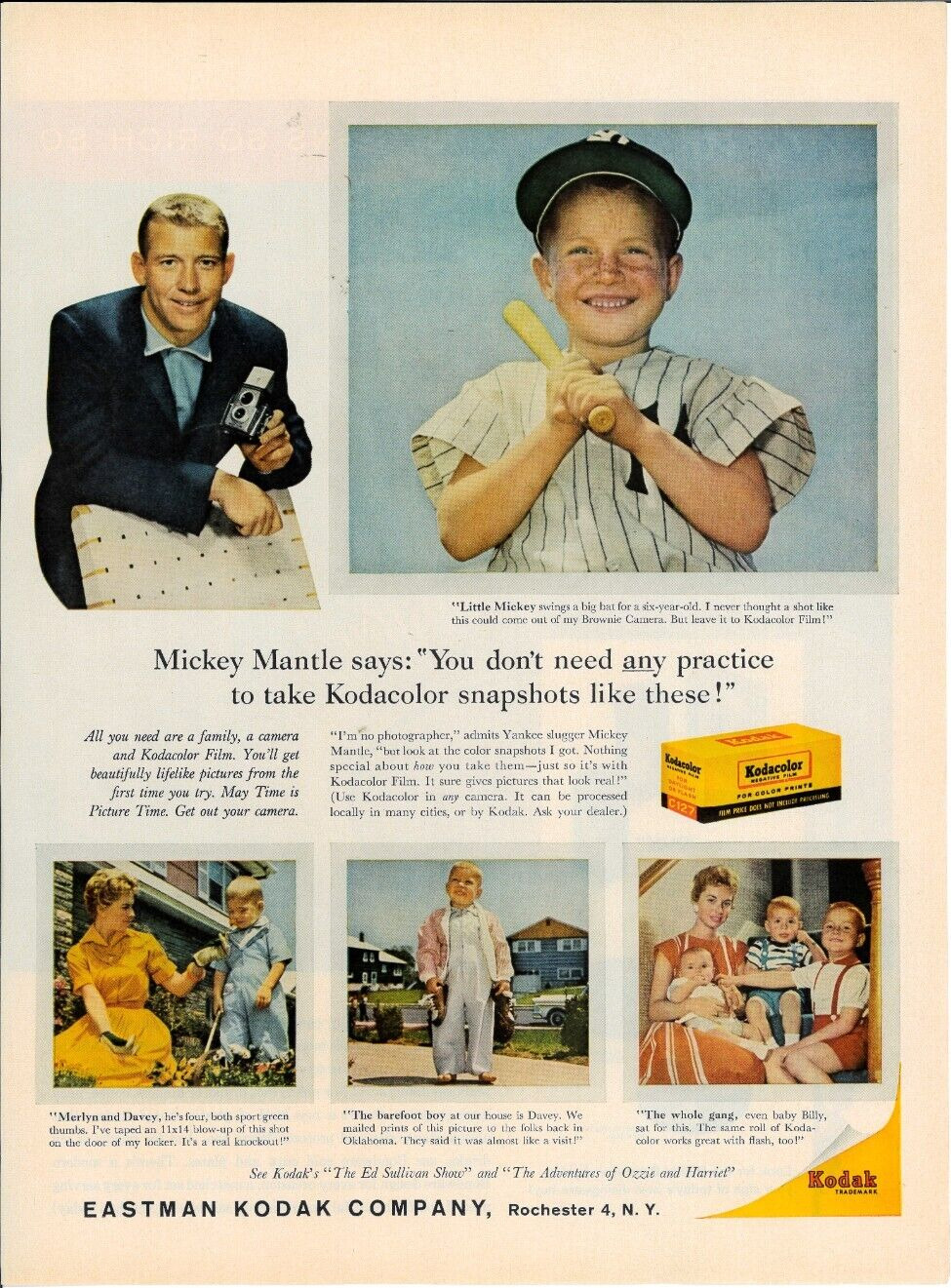 1959 KODAK Film Mickey Mangle New York Yankees Photo Picture Vintage Print Ad