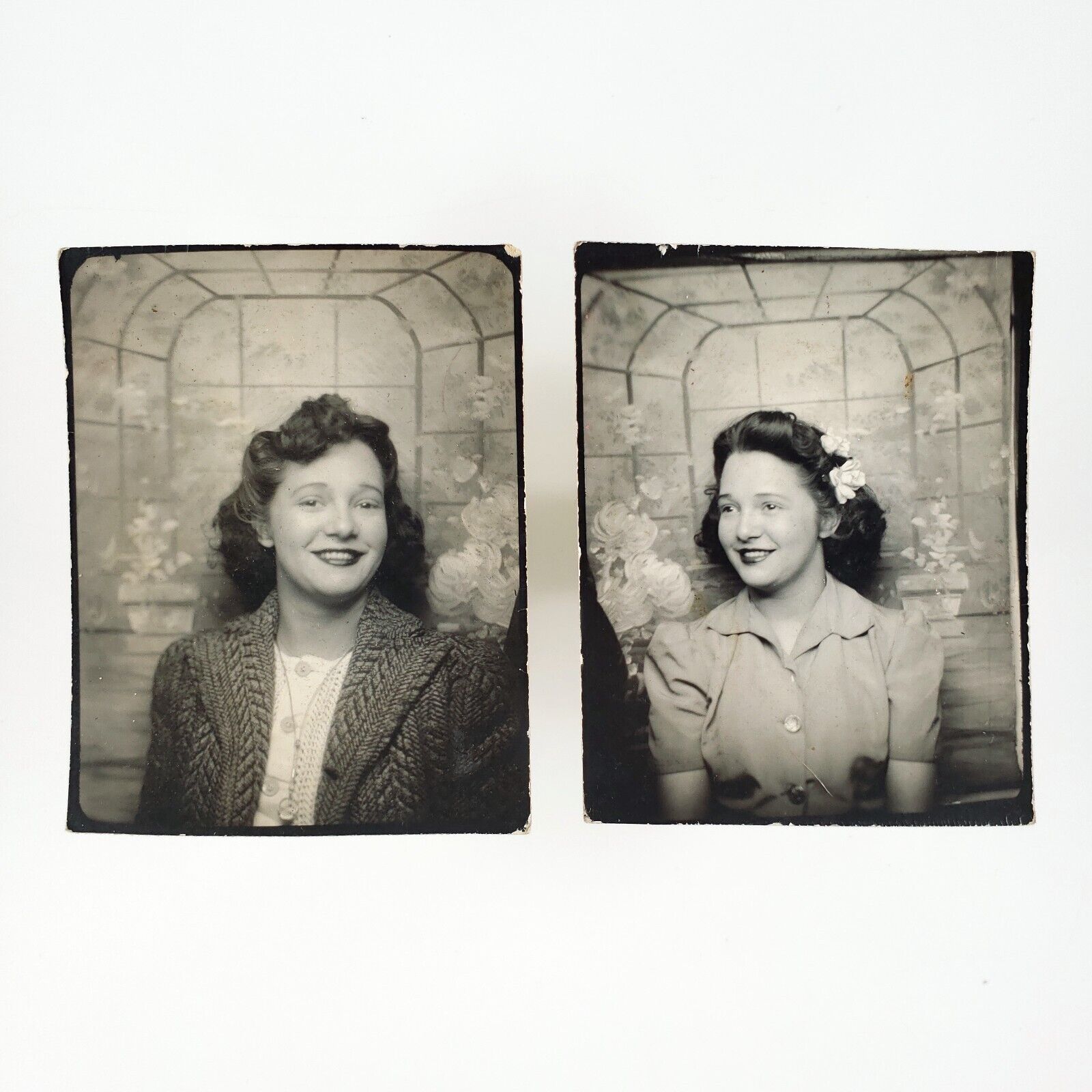 Young Woman Photobooth Snapshot Pair 1940s Pretty Girl Greenhouse Photo A4356