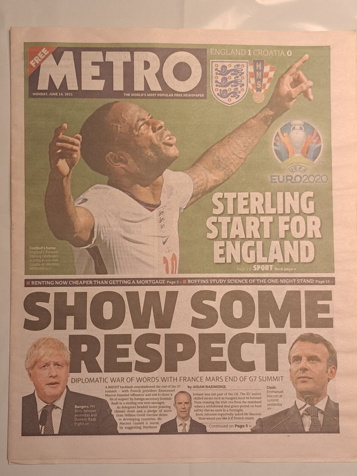 Metro Newspaper - June 14, 2021 - England Wins V Croatia (Euro 2020)
