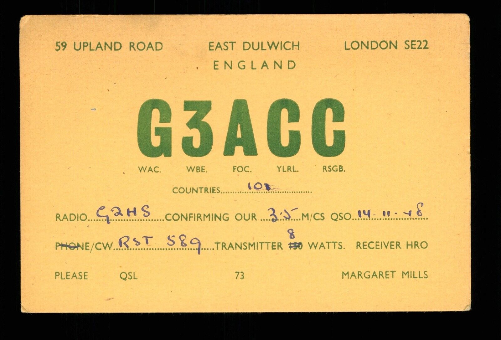 QSL Card Radio UK G3ACC Dulwich London SE22 1948 Margaret Mills - Morse ≠ W017