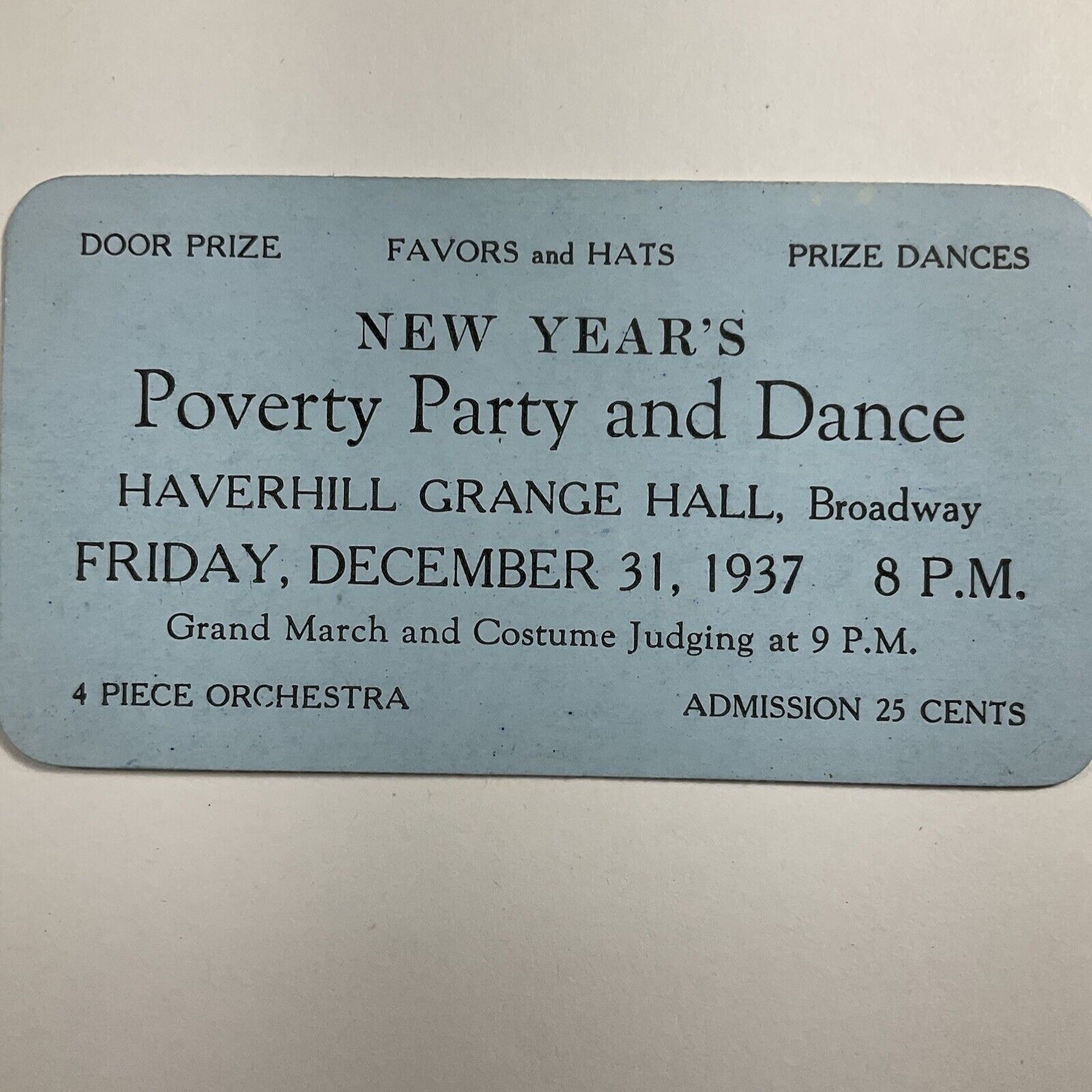 1937 Haverhill Massachusetts Grange Hall New Year\'s Poverty Party & Dance Ticket