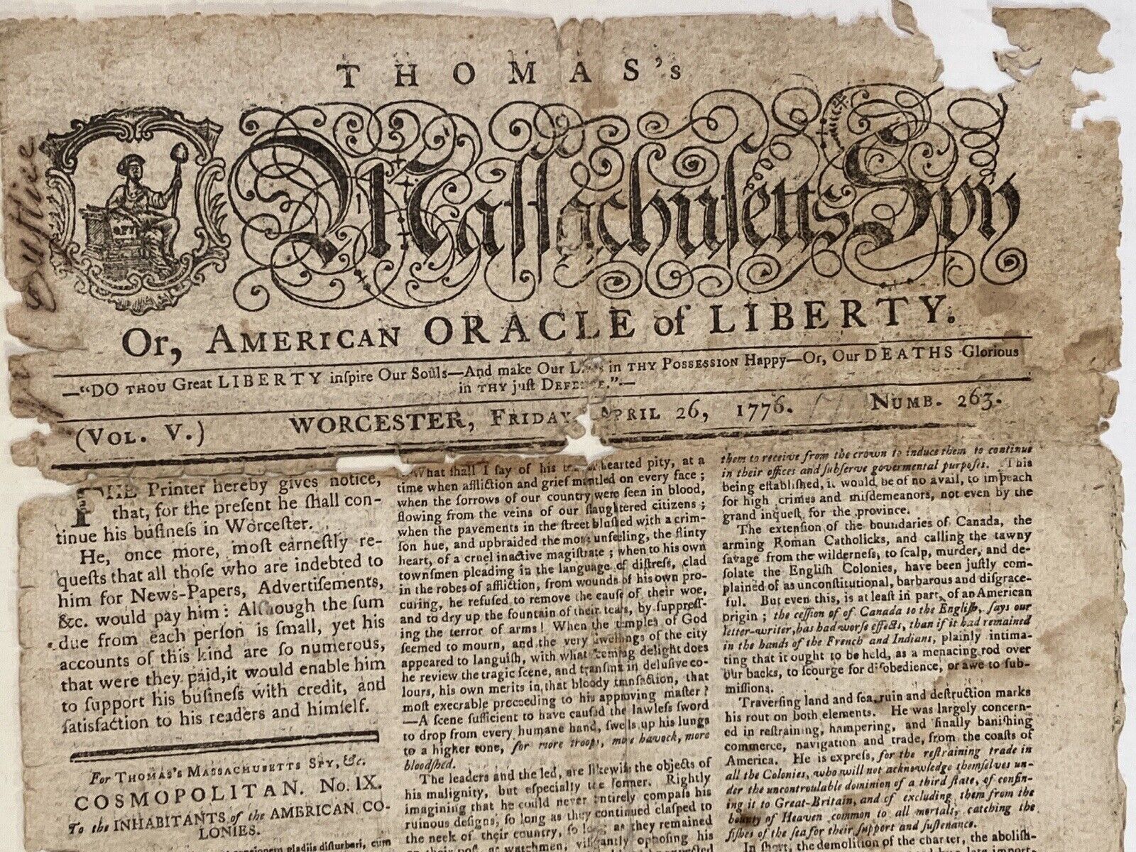 Rare Original “Massachusetts Spy” Revolutionary War Newspaper~April 26 1776