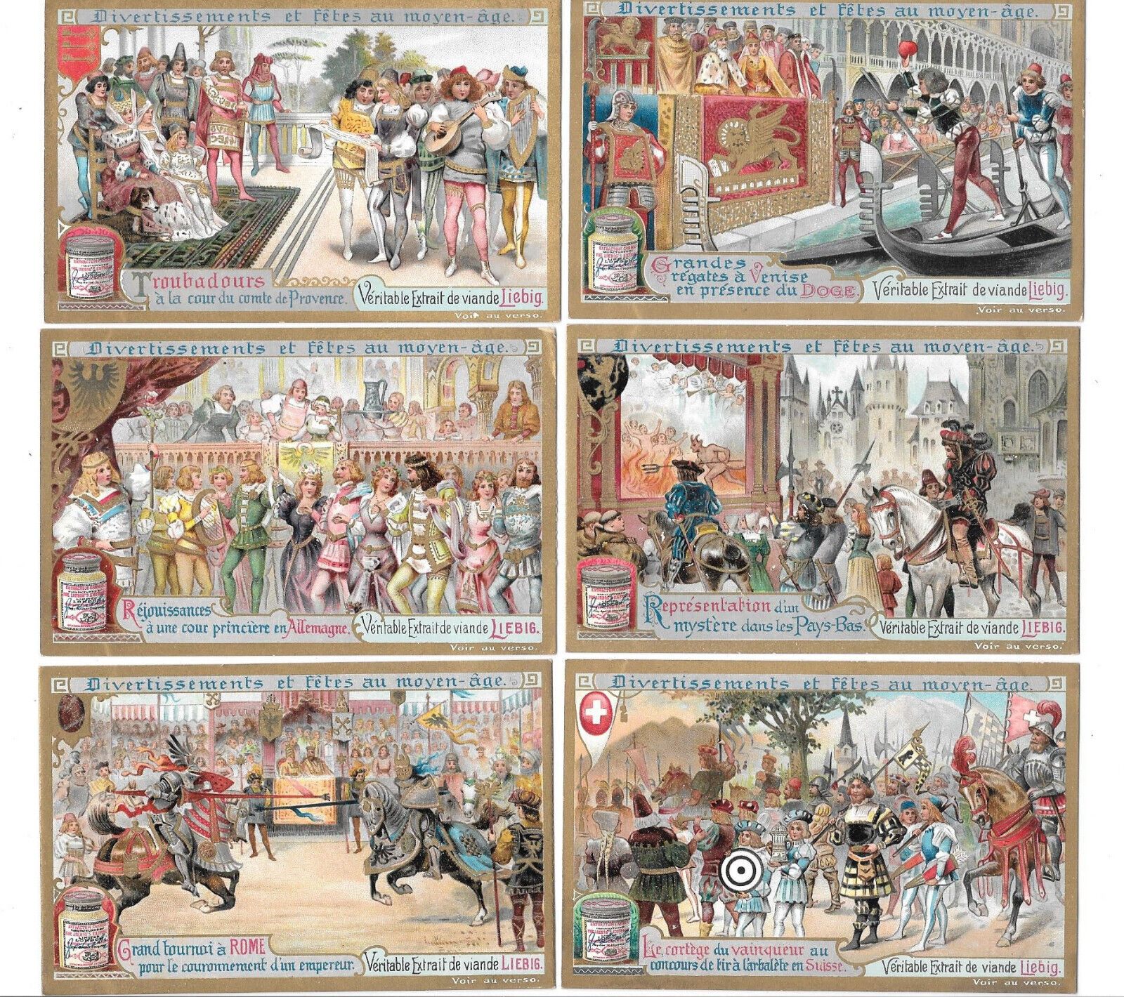 6x LIEBIG TRADE CARDS, SPECTACULAR MEDIEVAL ENTERTAINMENTS 1902 (S699 French).