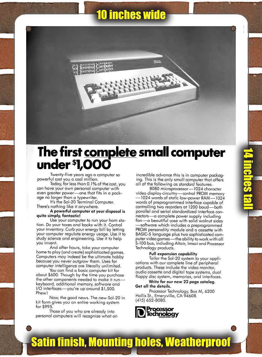 Metal Sign - 1977 Sol-20 Small Computer Under $1,000- 10x14 inches