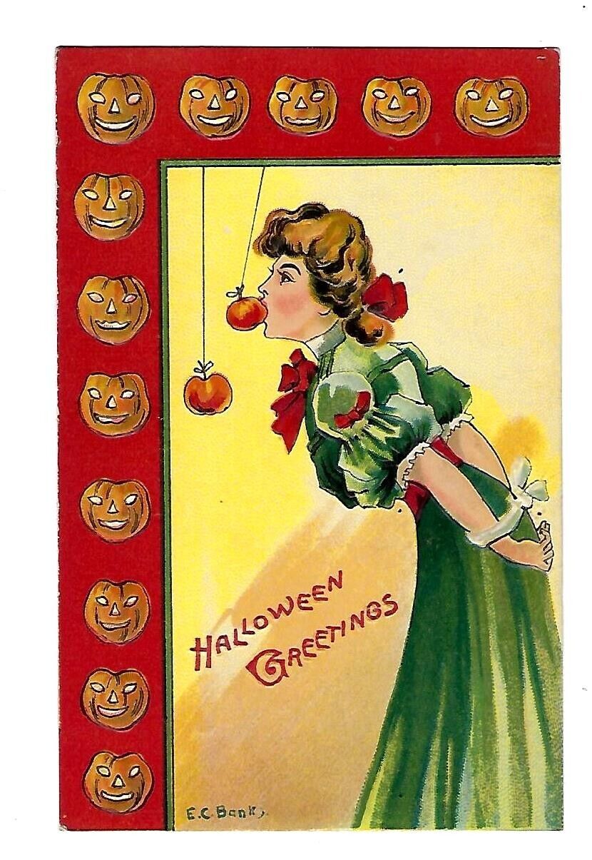 c1910 Halloween Postcard Woman Bobbing For Apples Embossed