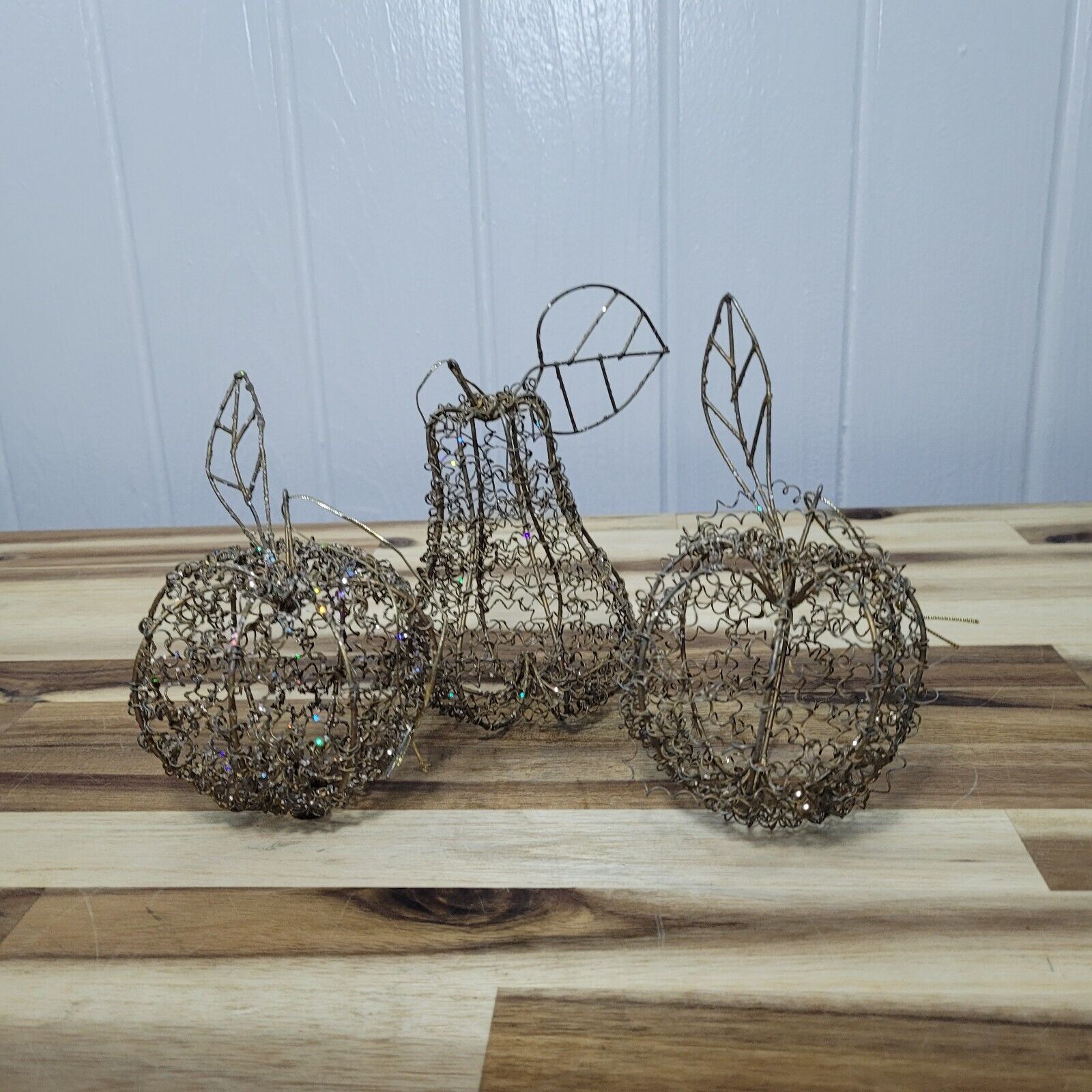 VTG Set of 3 Fruit Shaped Wire Fruit Scultures Apple and Pear Holiday Ornaments