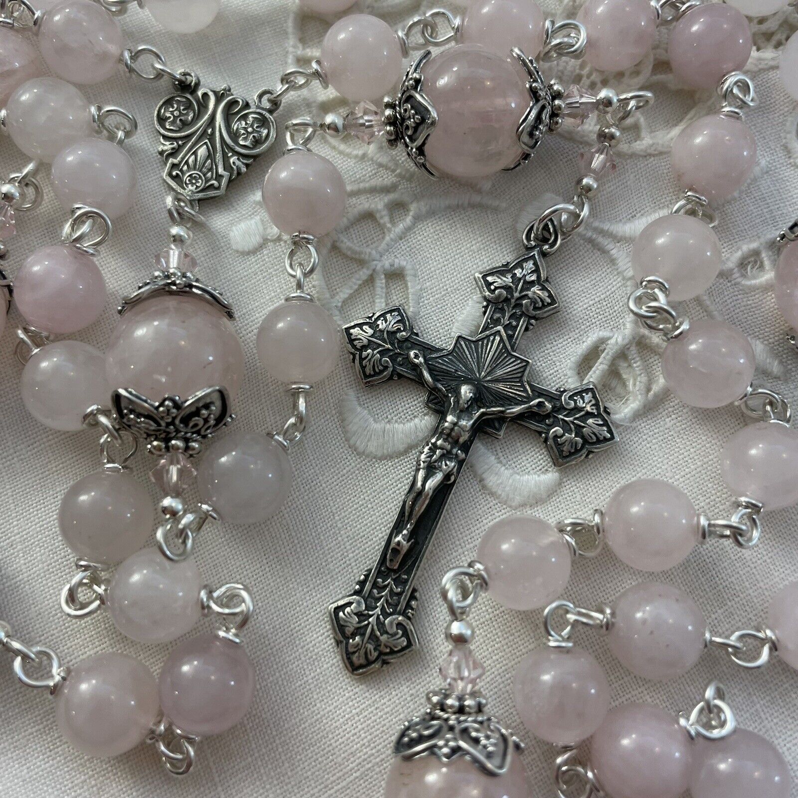Elegant Rosary Rosary Sterling Silver Art Nouveau Crucifix Rose Quartz Beads