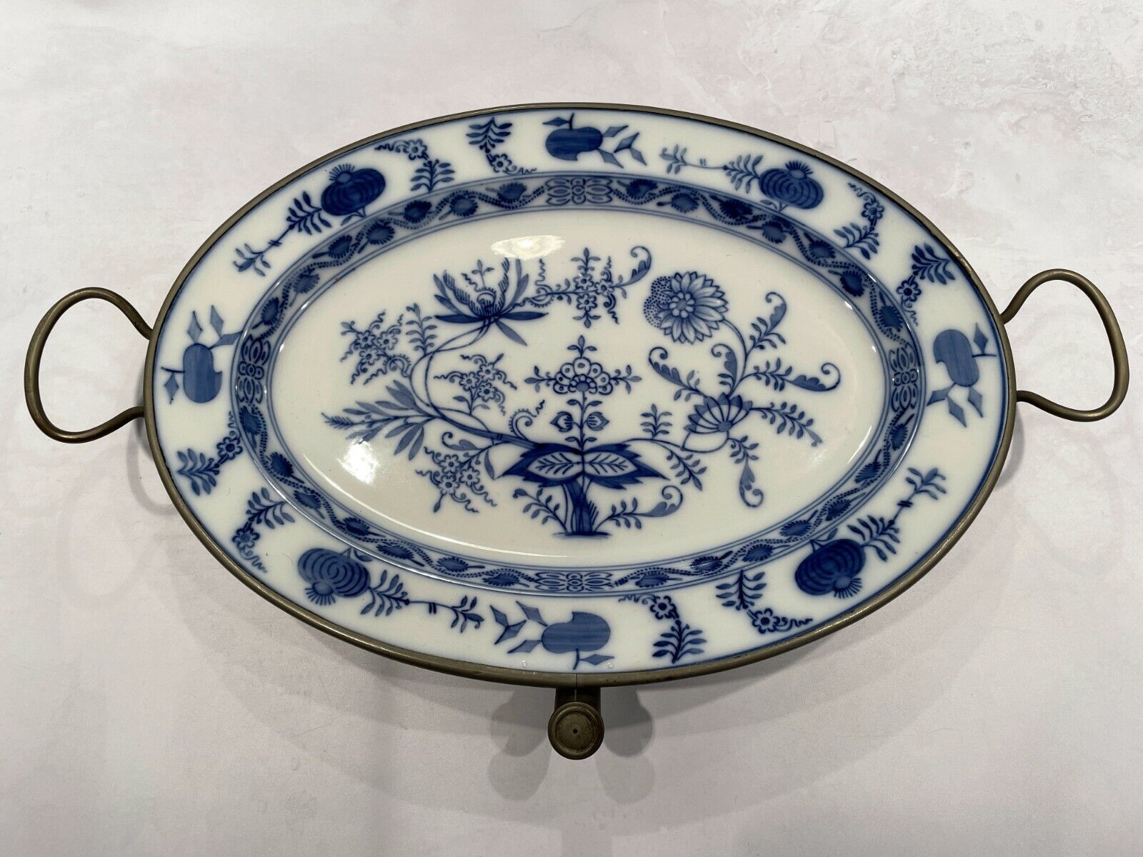Antique Porcelain Hot Water Warming 16 Inch Platter Plate Blue Onion Metal Base