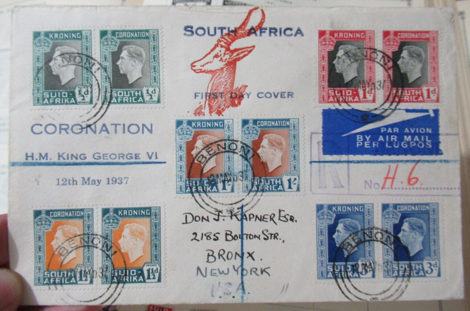 1937 South Africa FDC Cover, King George VI Coronation Day, Benoni to Bronx NY