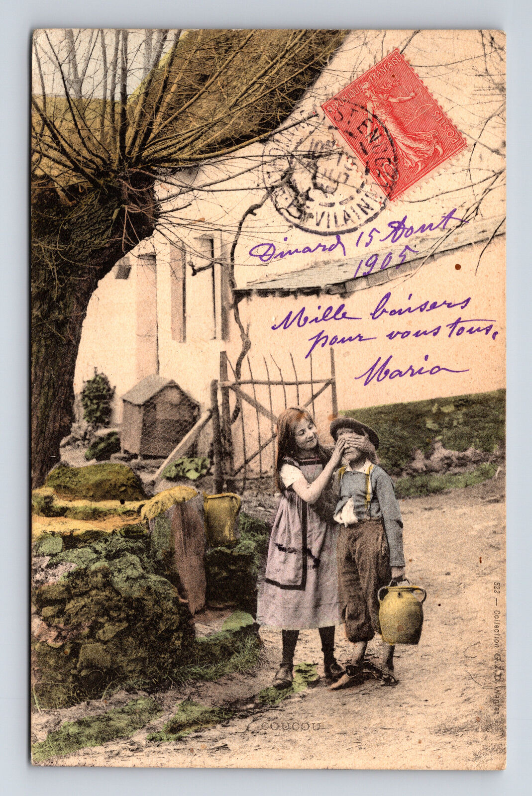 c1905 French Portrait CouCou Cuckoo Girl & Boy Flirting in Hamlet Love Postcard