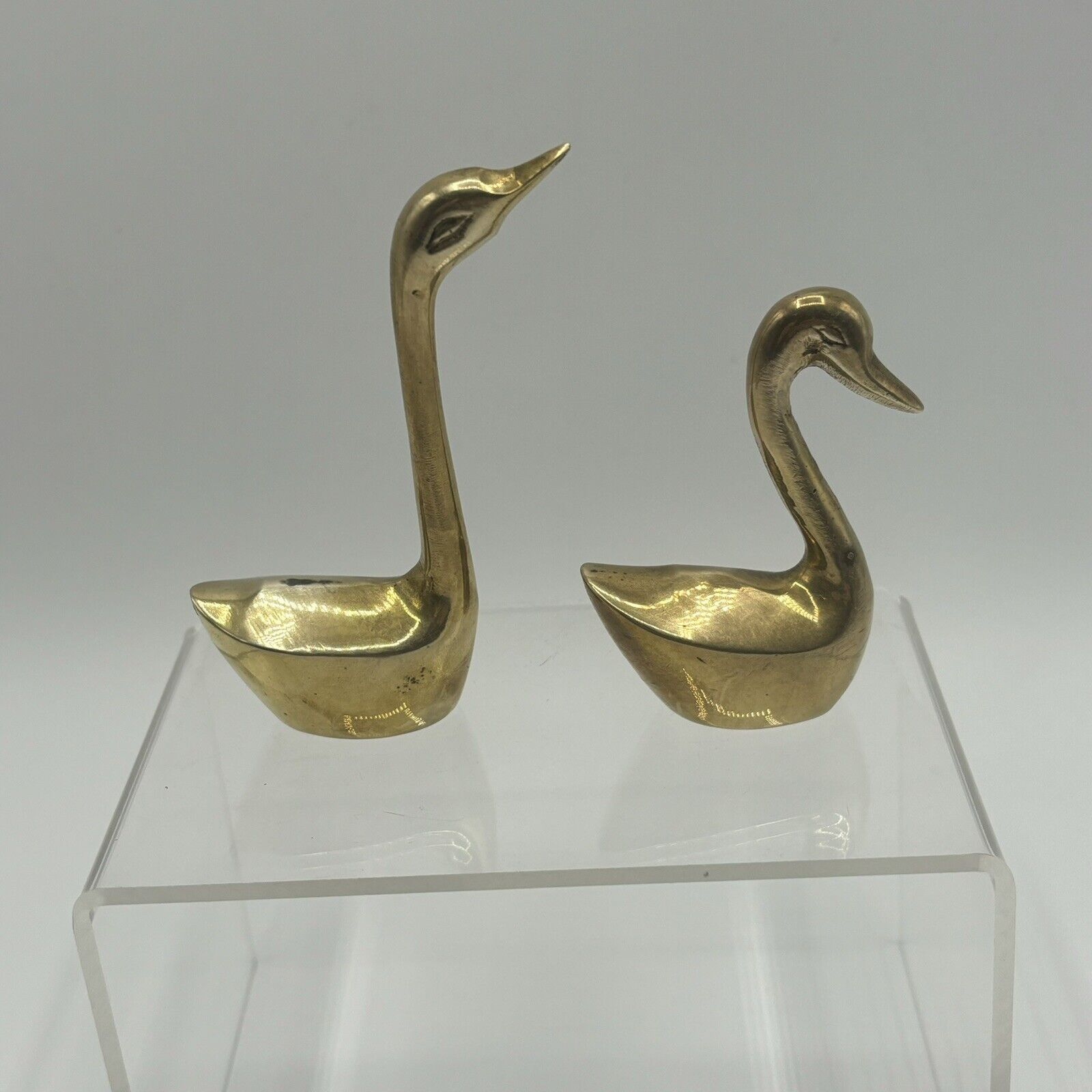 Vintage Pair Solid Brass Swans Figurines Mid Century Set (2) Made in Korea