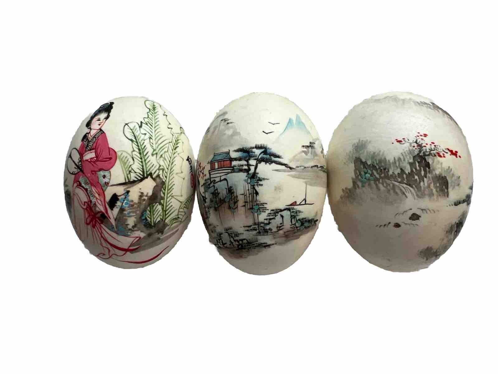 Vintage Japanese Hand Painted Real Eggs Set Of 3