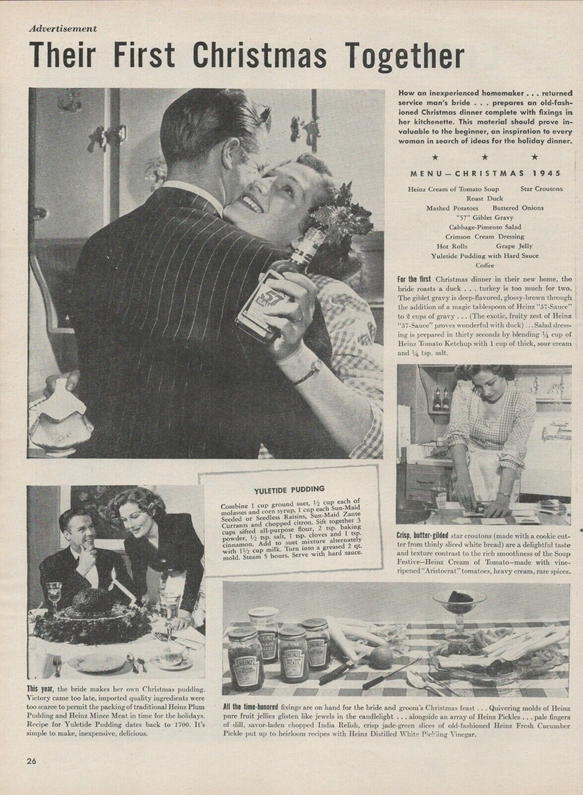 1945 Heinz Products First Christmas Together Menu Picking Meat  Vtg Print Ad L26