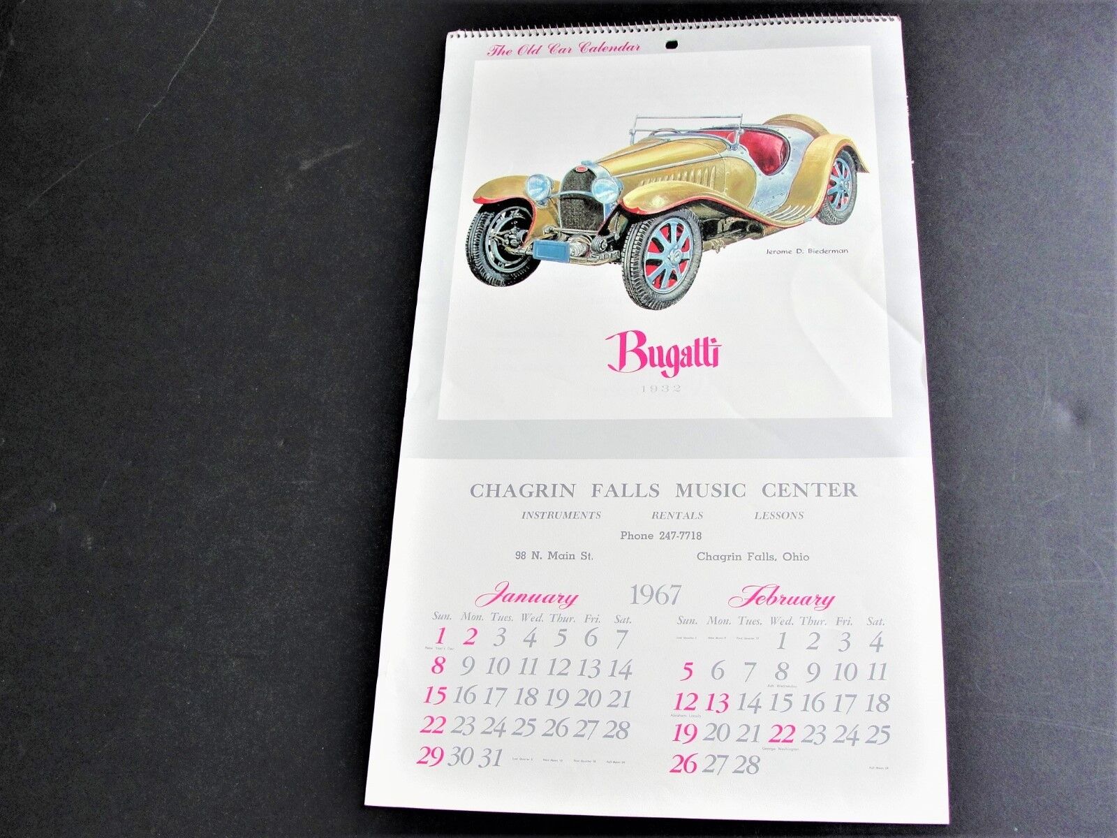 1967 Auto Memory Reproduction Calendar-Advertised by Chagrin Falls Music Center.