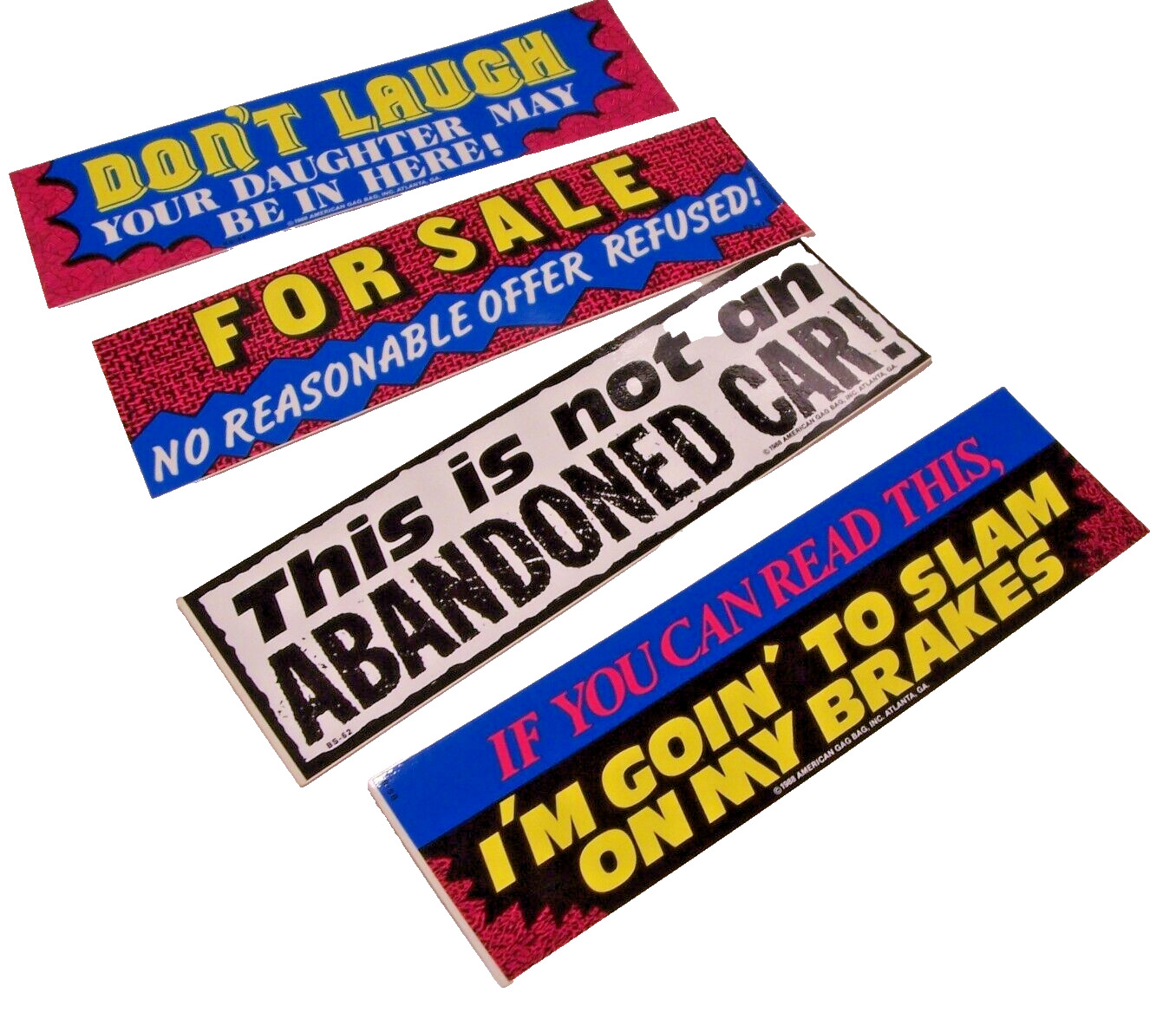 4 GENUINE VINTAGE 1980’s MIXED FUNNY BUMPER STICKERS HUMOR MADE IN THE USA