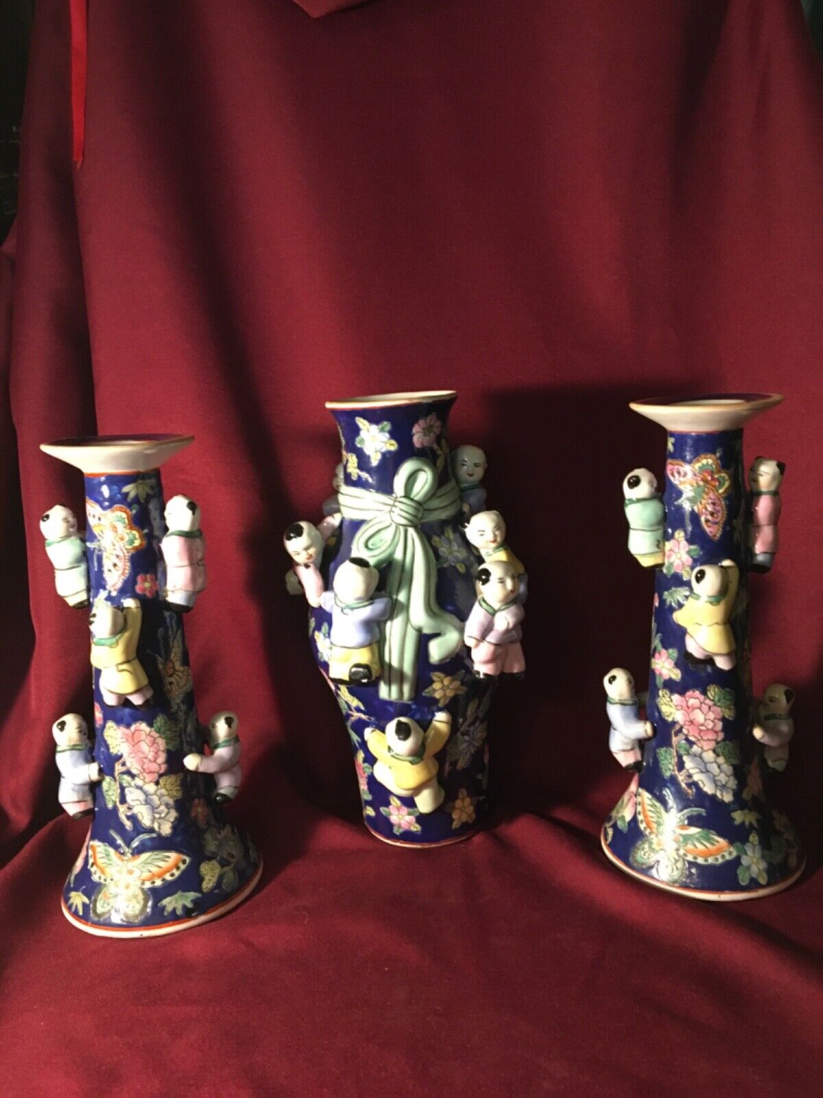 Rare Vintage Chinese Fertility Vase and matching Candleholders (2), Blue 