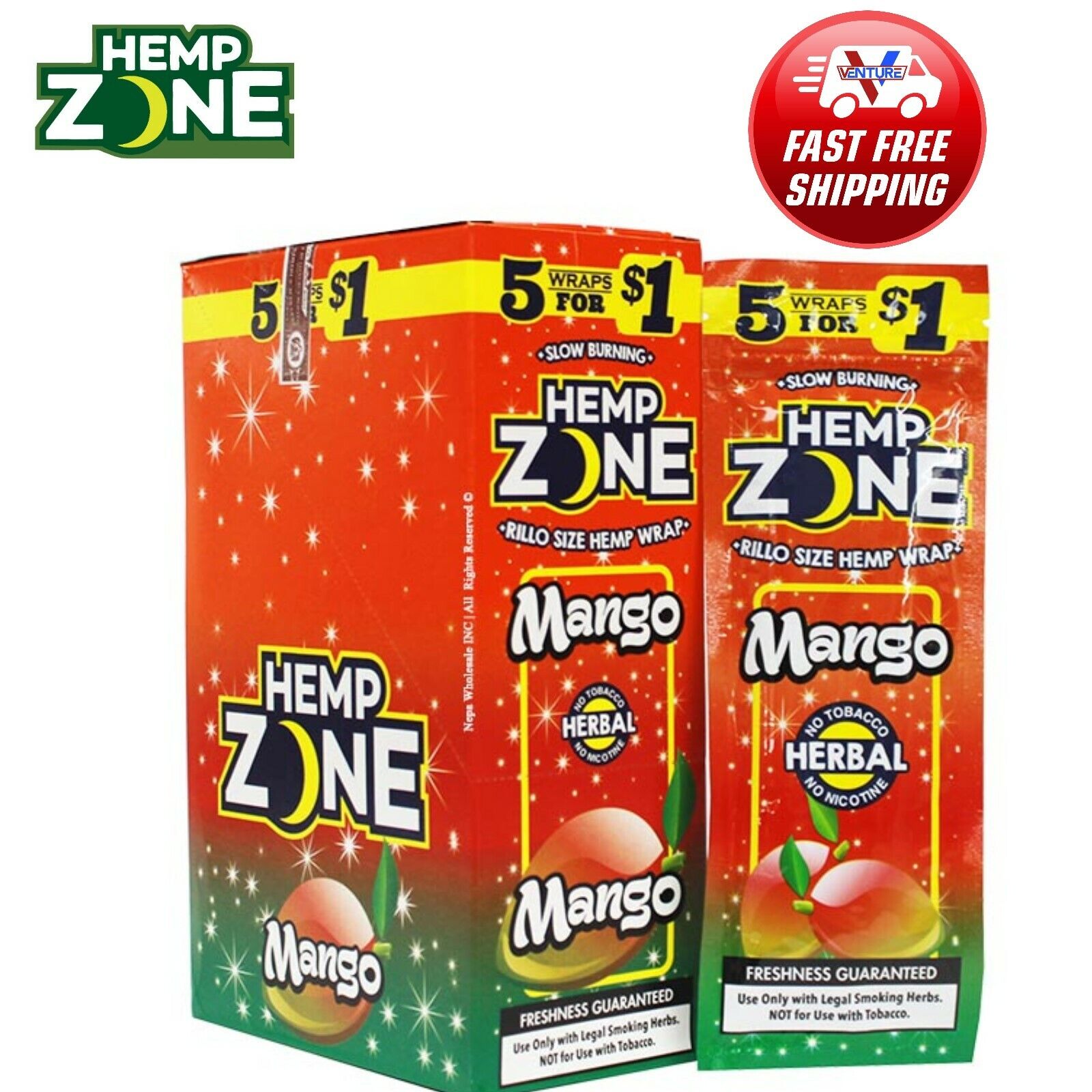 H. Zone Organic Natural Herbal Wrap MANGO Full Box 15/5CT - 75 Wraps Total