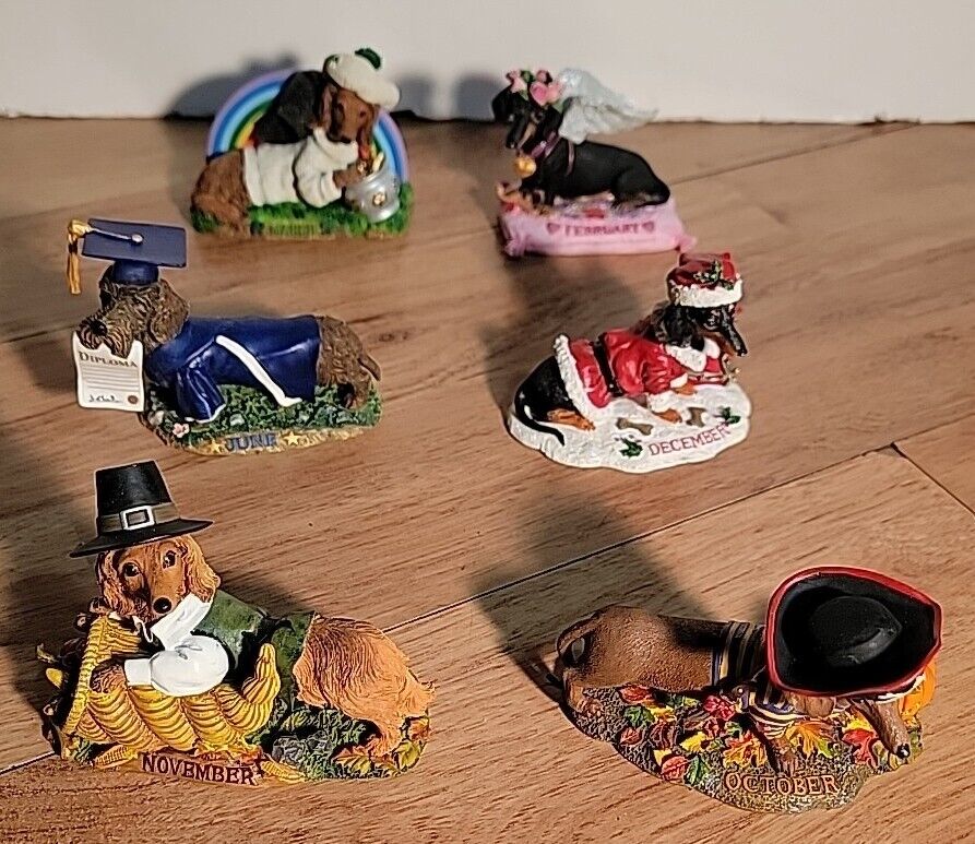 Lot of 6 Figurines for Danbury Mint Dachshund Dog  Perpetual 12 Month Calendar