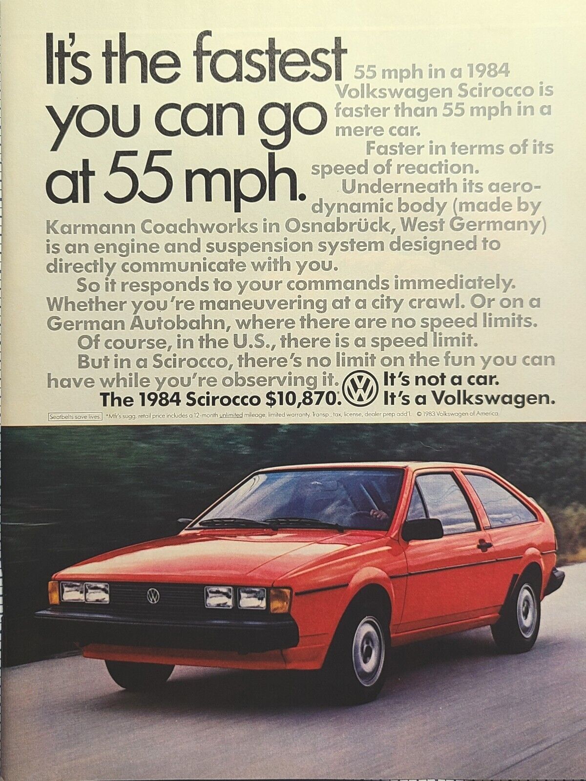 Volkswagen Scirocco Red Sports Car Karmann Coachworks Vintage Print Ad 1984