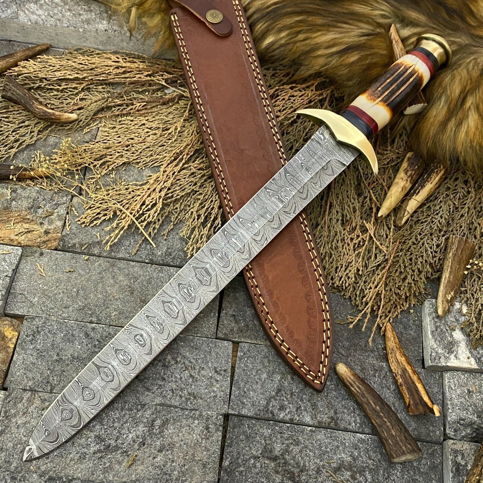 SHARDBLADE CUStOM HAND FORGED DAMASCUS STEEL HUNTING BIG BOWIE KNIFE + SHEATH