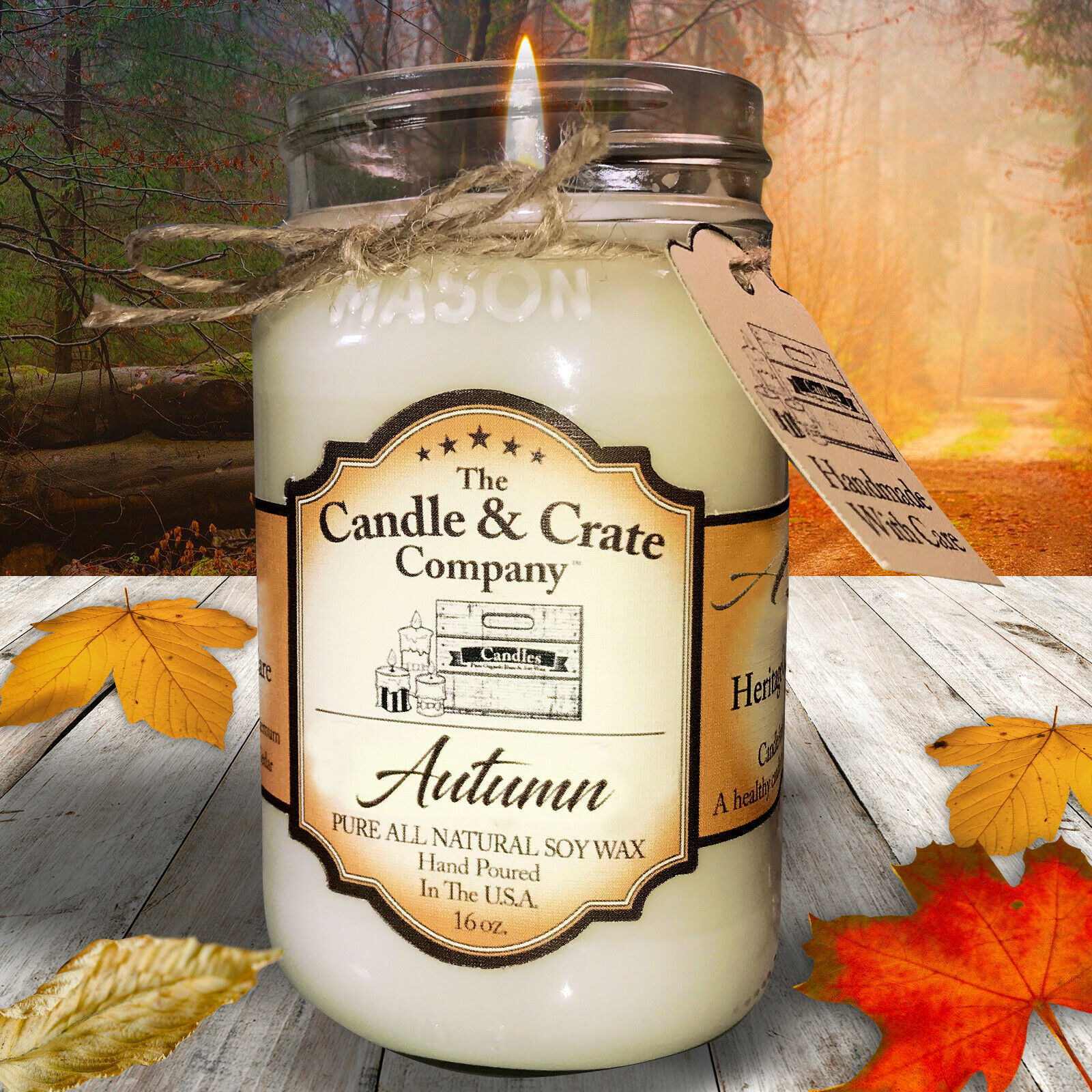 Autumn Scented, 16oz Mason Jar Candle, Max Scented 100% Natural Soy Wax