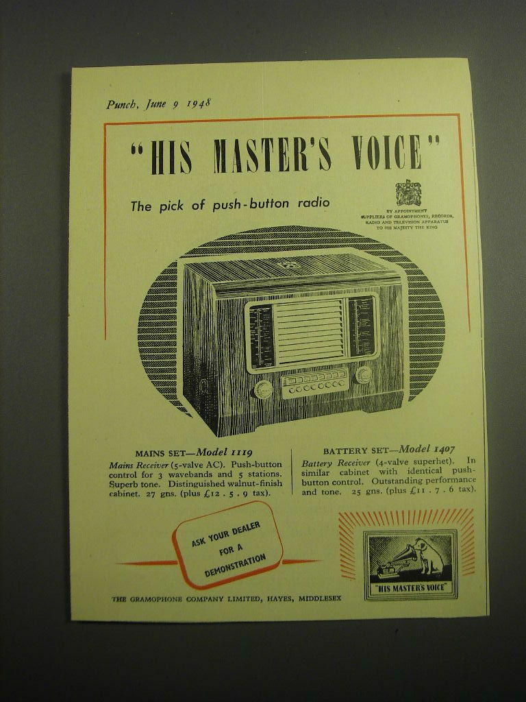 1948 H.M.V. Model 1119 and 1407 Radios Ad - His master\'s voice
