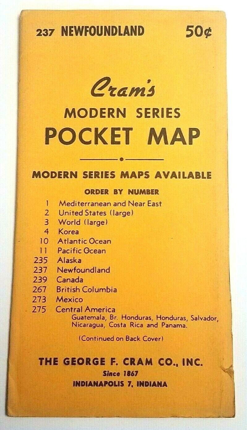 Vintage 1950\'s Cram\'s Modern Series Pocket Map #237 Newfoundland Canada