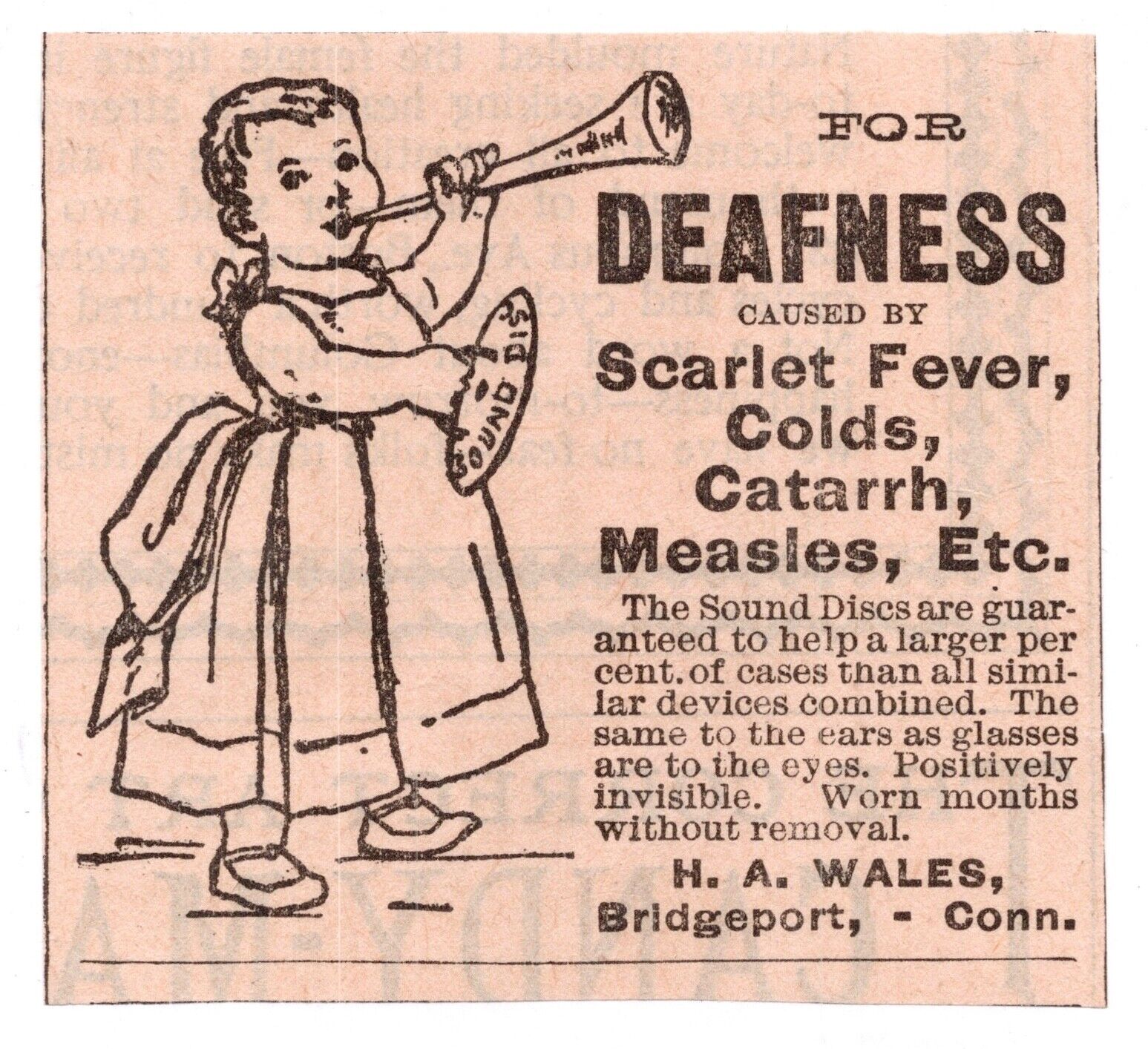 c1880s H.A. Wales Sound Discs for  Deafness Bridgeport CT Antique Art Print Ad