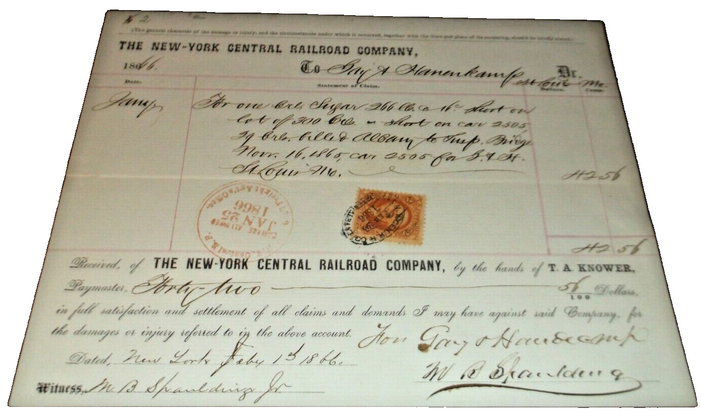 JANUARY 1866 NYC NEW YORK CENTRAL RAILROAD FREIGHT CLAIM ALBANY NEW YORK