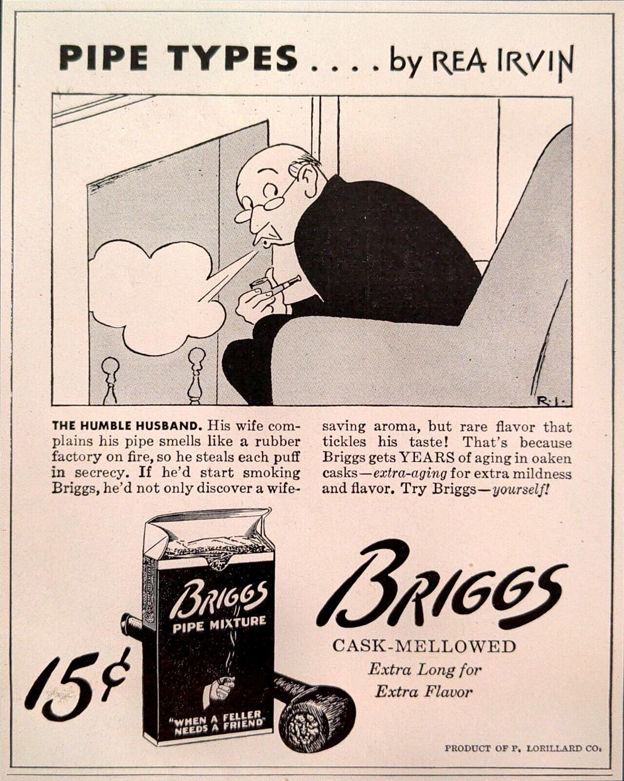 1944 Briggs Pipe Mixture Print Ad Pipe Types By Rea Irvin Comic Advertisement