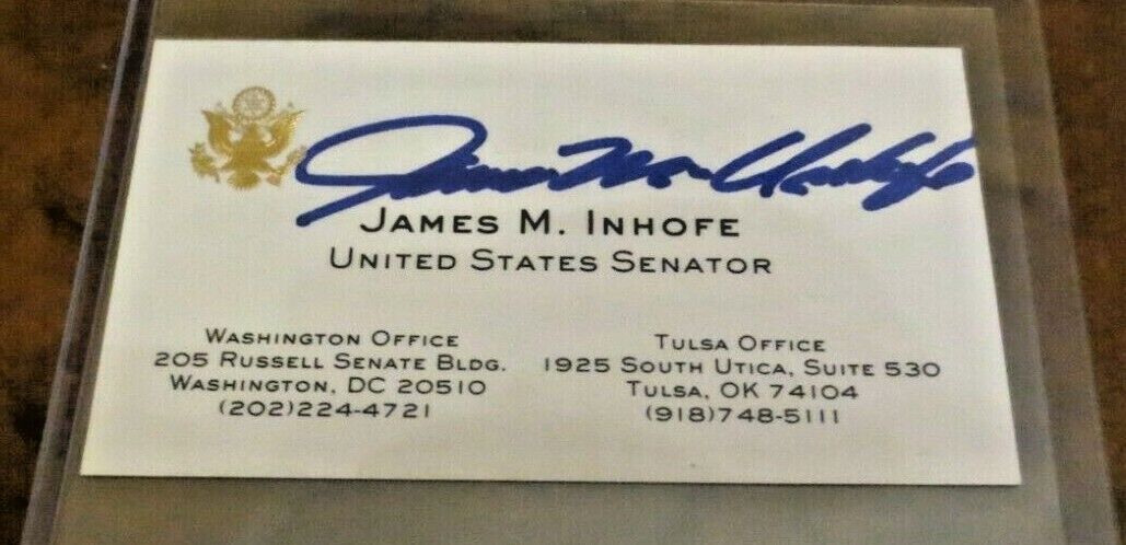 Sen James Inhofe Oklahoma signed autographed business card Global Warming Hoax