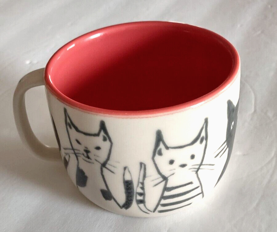 Anthropologie Cat Person Coffee Mug Cream Color Cat Drawings Pink Coral Inside