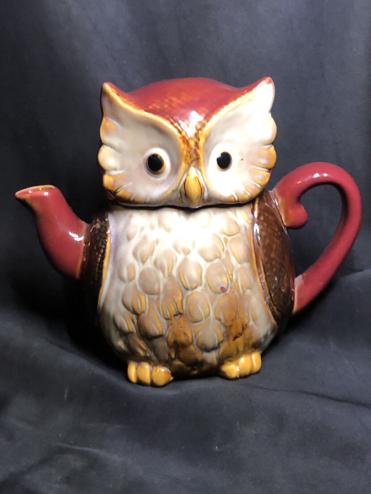 Vintage Transpac Food safe Ceramic Owl Tea Pot Maroon, Brown, Gold W  Details