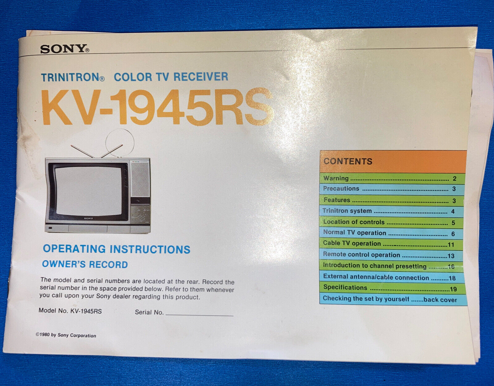 Original Sony Operating Instructions Trinitron TV KV-1945RS schematic diagram