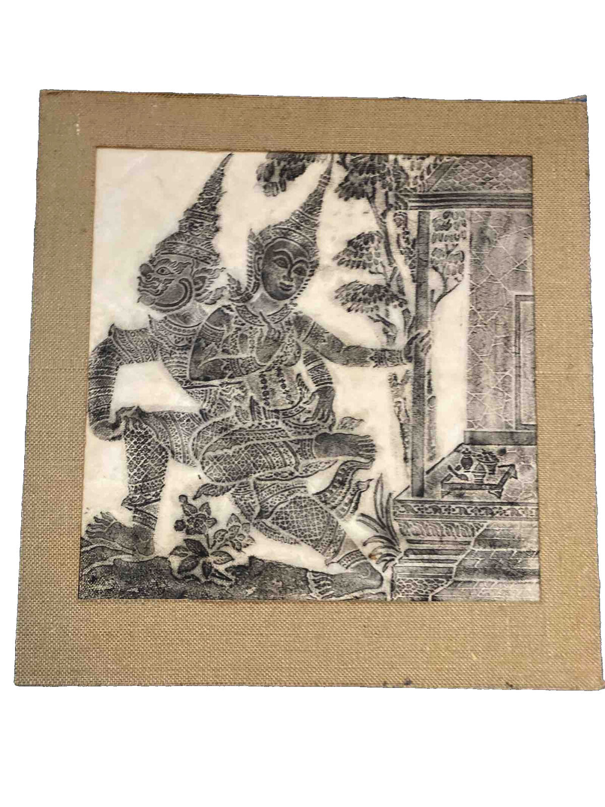 VNTG  Charcoal Rubbing On Rice Paper Art Cambodia Temple Ramayana Epic 21”x22”
