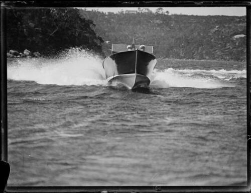 Two men driving speedboat Cettien IX in choppy waters, NSW, 1930 Old Photo