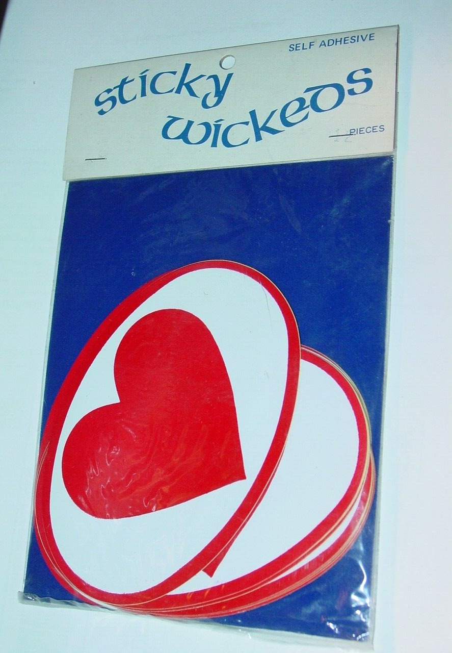 STICKY WICKEDS VINTAGE 1960's HIPPIE HEART DECALS RED & WHT COLLECTIBLE 12x
