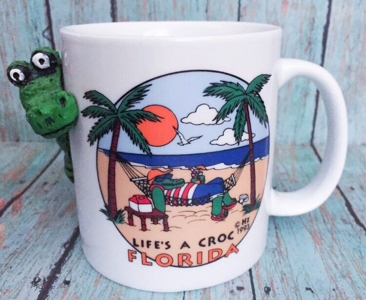 Vtg Life\'s A Croc Florida Coffee Mug Cup 3D Crocodile Palm Trees Vacationing